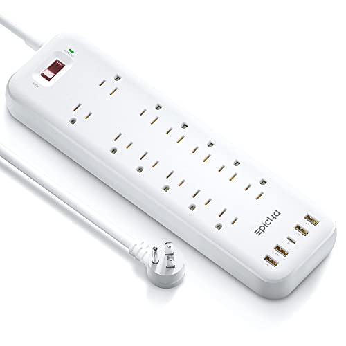 Power Strip, EPICKA Surge Protector with 12 AC Outlets (1875W/15A, 1700J) 5 USB Charging Ports (1 USB-C, 4 USB-A), 6FT Extension Cord, Wall Mountable Overload Protection Outlet for Home&Office,White