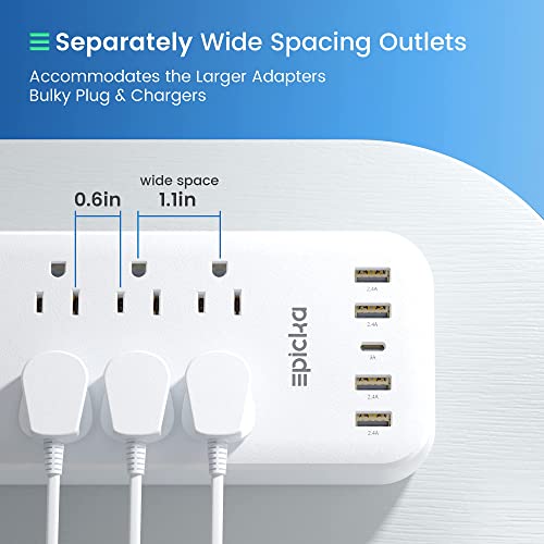 Power Strip, EPICKA Surge Protector with 12 AC Outlets (1875W/15A, 1700J) 5 USB Charging Ports (1 USB-C, 4 USB-A), 6FT Extension Cord, Wall Mountable Overload Protection Outlet for Home&Office,White