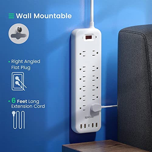 Power Strip, EPICKA Surge Protector with 12 AC Outlets (1875W/15A, 1700J) 5 USB Charging Ports (1 USB-C, 4 USB-A), 6FT Extension Cord, Wall Mountable Overload Protection Outlet for Home&Office,White