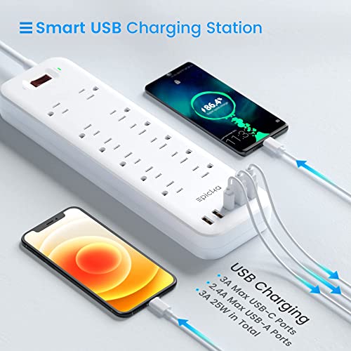Power Strip, EPICKA Surge Protector with 12 AC Outlets (1875W/15A, 1700J) 5 USB Charging Ports (1 USB-C, 4 USB-A), 6FT Extension Cord, Wall Mountable Overload Protection Outlet for Home&Office,White