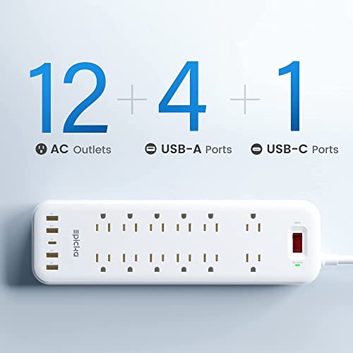 Power Strip, EPICKA Surge Protector with 12 AC Outlets (1875W/15A, 1700J) 5 USB Charging Ports (1 USB-C, 4 USB-A), 6FT Extension Cord, Wall Mountable Overload Protection Outlet for Home&Office,White