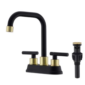 zexzen 2 handle bathroom faucet black and gold, 4 inch centerset bathroom sink faucet with pop up drain, bathroom faucet 3 hole with two water supply lines (brushed gold and black)