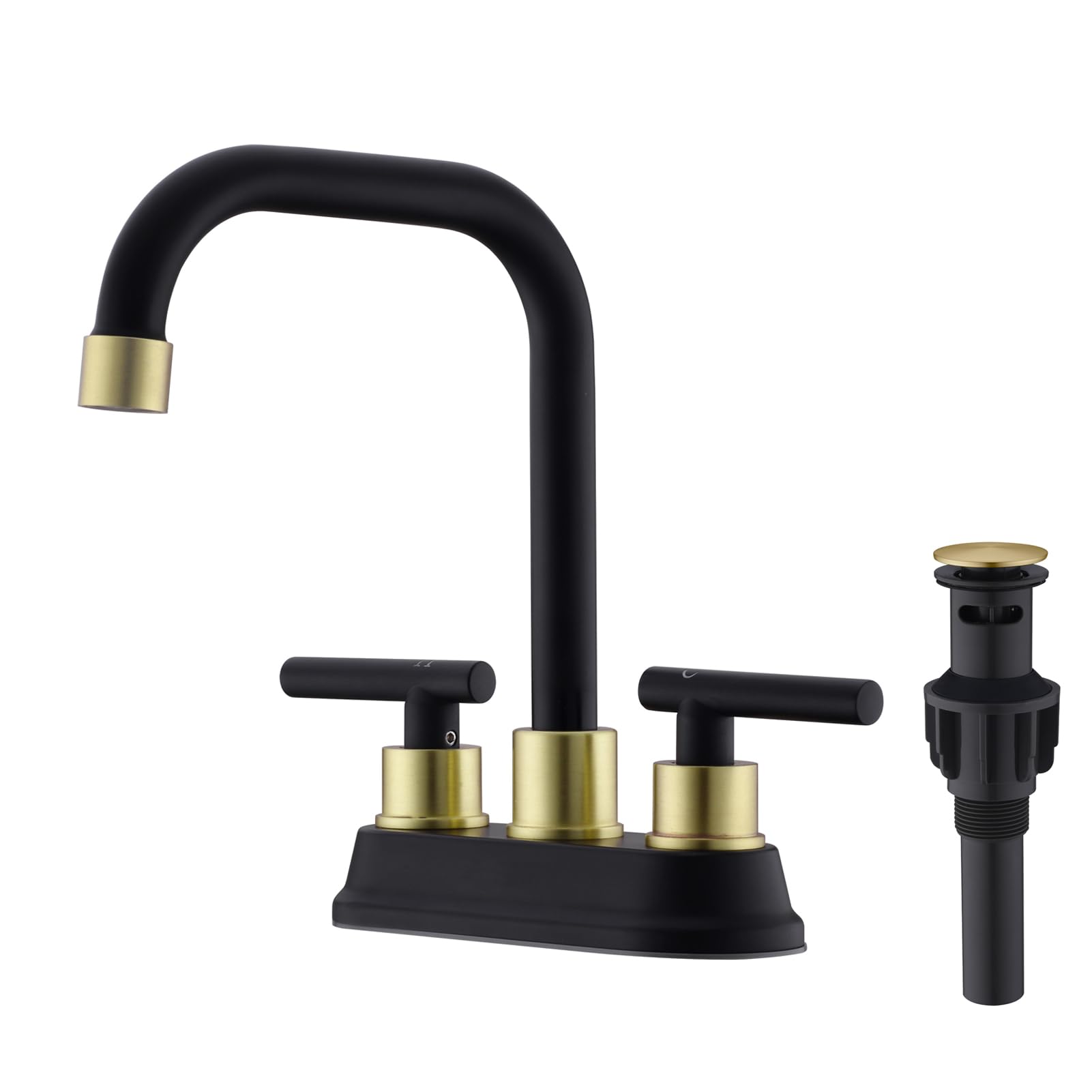 Zexzen 2 Handle Bathroom Faucet Black and Gold, 4 Inch Centerset Bathroom Sink Faucet with Pop Up Drain, Bathroom Faucet 3 Hole with Two Water Supply Lines (Brushed Gold and Black)