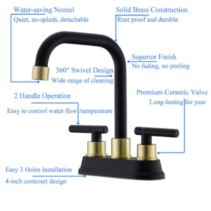 Zexzen 2 Handle Bathroom Faucet Black and Gold, 4 Inch Centerset Bathroom Sink Faucet with Pop Up Drain, Bathroom Faucet 3 Hole with Two Water Supply Lines (Brushed Gold and Black)