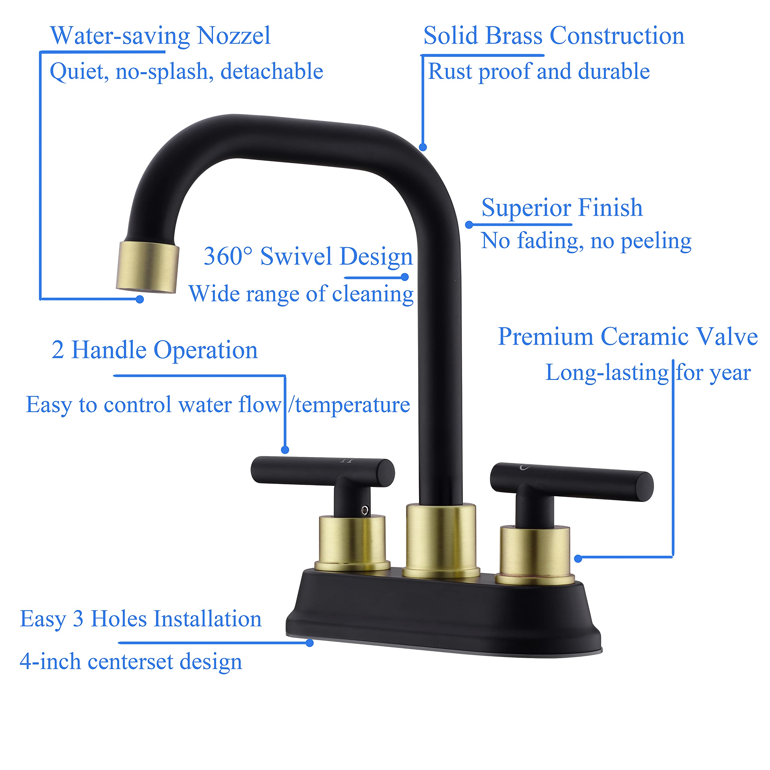 Zexzen 2 Handle Bathroom Faucet Black and Gold, 4 Inch Centerset Bathroom Sink Faucet with Pop Up Drain, Bathroom Faucet 3 Hole with Two Water Supply Lines (Brushed Gold and Black)