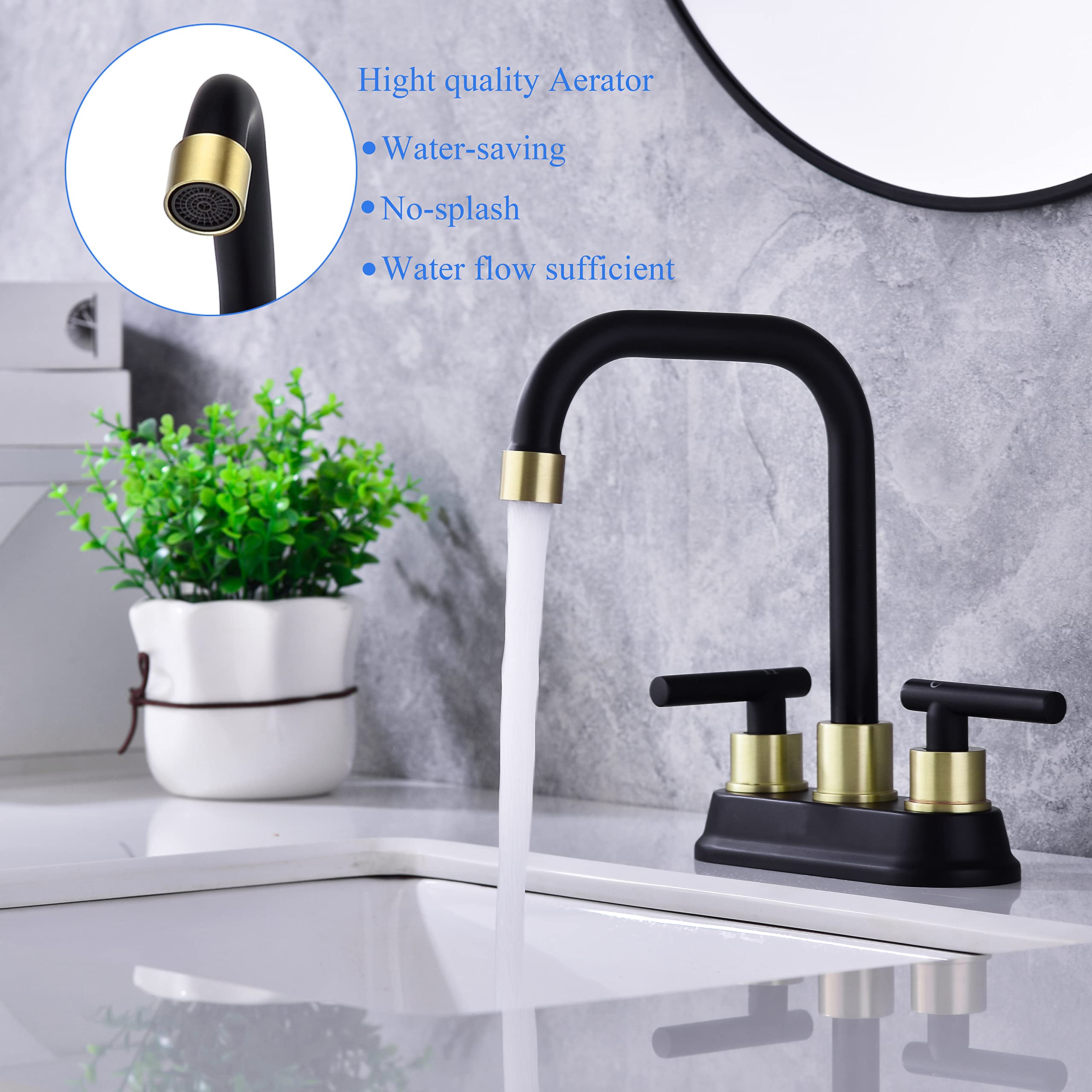 Zexzen 2 Handle Bathroom Faucet Black and Gold, 4 Inch Centerset Bathroom Sink Faucet with Pop Up Drain, Bathroom Faucet 3 Hole with Two Water Supply Lines (Brushed Gold and Black)