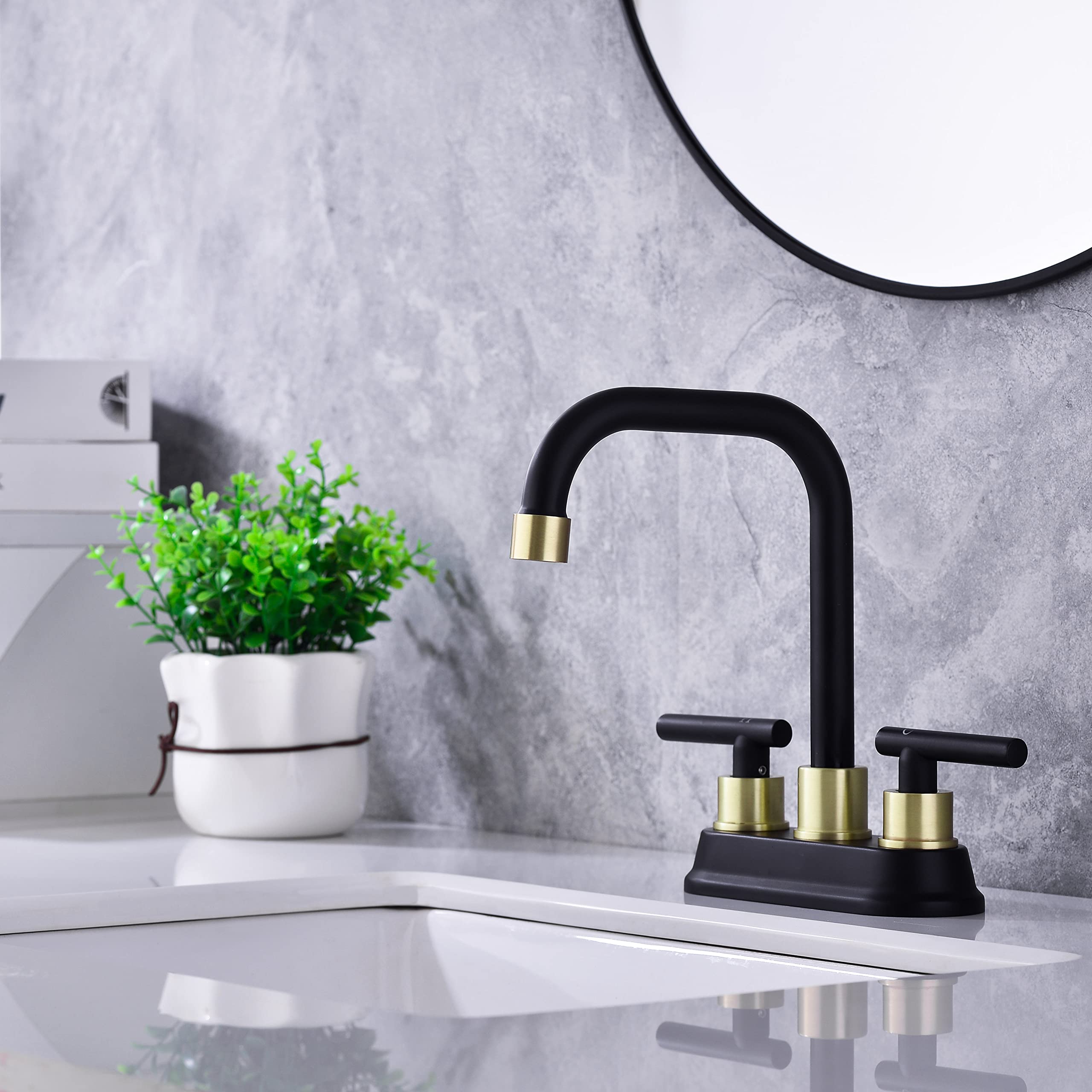 Zexzen 2 Handle Bathroom Faucet Black and Gold, 4 Inch Centerset Bathroom Sink Faucet with Pop Up Drain, Bathroom Faucet 3 Hole with Two Water Supply Lines (Brushed Gold and Black)