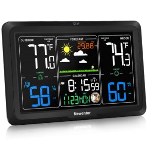 newentor weather station wireless indoor outdoor thermometer, 7.5in large display atomic weather clock, temperature humidity monitor with moon phase, weather forecast and barometric pressure, black