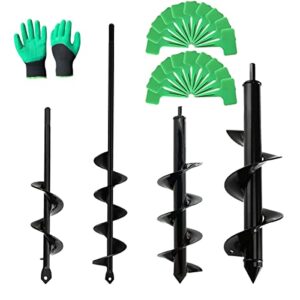 auger drill bit set for planting flower 4pcs garden auger spiral drill bit rapid planter for tulip potted plants vegetables flowers digging weeding with garden glove and 20pcs plant labels (4pcs