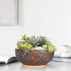 Fivepot 10 Inch Large Terracotta Planter Succulent Plant Bowl Deep Flower Pot Indoor and Outdoor Decor Drainage Bamboo Tray