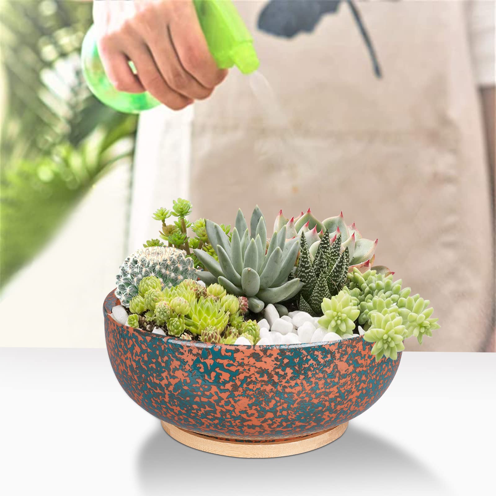 Fivepot 10 Inch Large Terracotta Planter Succulent Plant Bowl Deep Flower Pot Indoor and Outdoor Decor Drainage Bamboo Tray