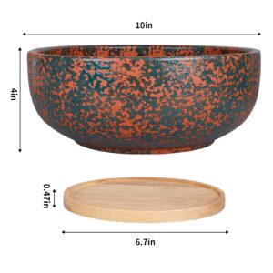 Fivepot 10 Inch Large Terracotta Planter Succulent Plant Bowl Deep Flower Pot Indoor and Outdoor Decor Drainage Bamboo Tray