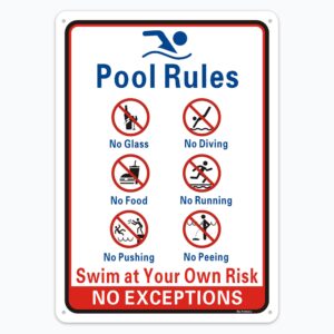pool rules signs no diving no glass sign, no food no pushing no running no peeing in pool swim at your own risk signs, 14 x 10 inches rust free rust free aluminum, easy mounting (1 pack )
