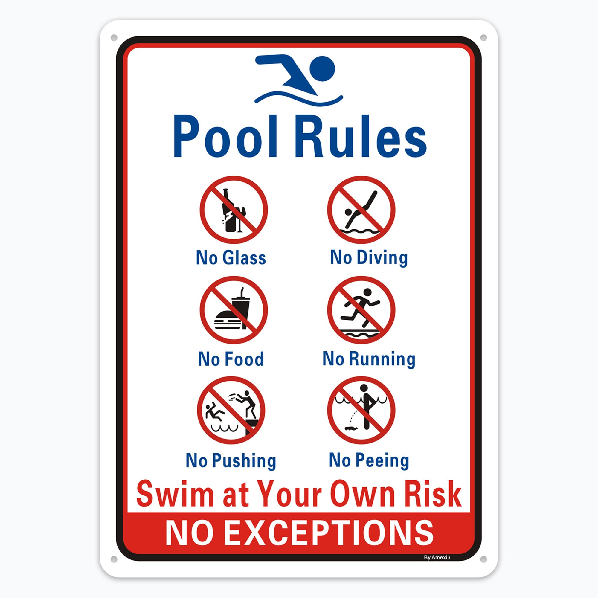 Pool Rules Signs No Diving No Glass Sign, No Food No Pushing No Running No Peeing in Pool Swim at Your Own Risk Signs, 14 x 10 Inches Rust Free Rust Free Aluminum, Easy Mounting (1 Pack )