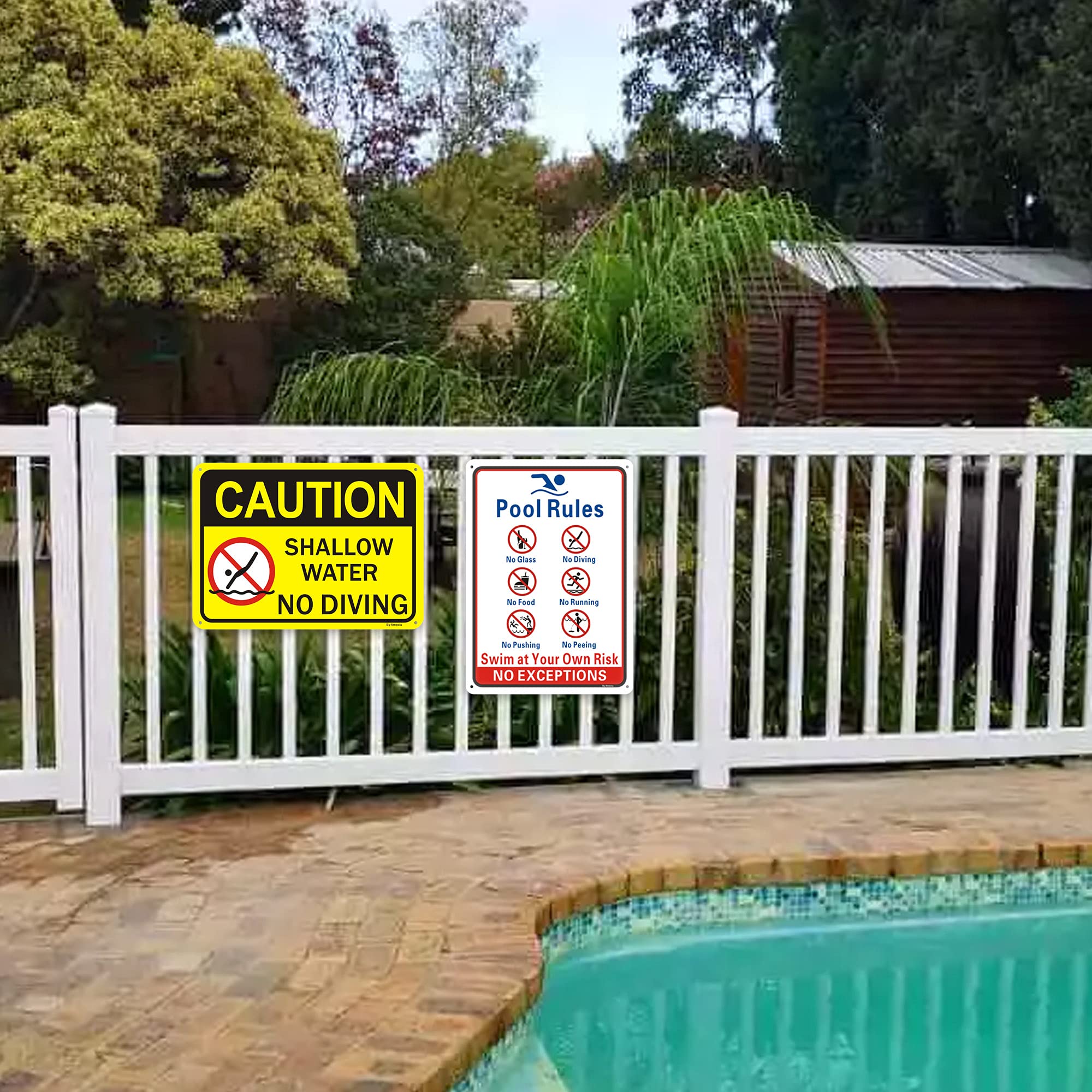 Pool Rules Signs No Diving No Glass Sign, No Food No Pushing No Running No Peeing in Pool Swim at Your Own Risk Signs, 14 x 10 Inches Rust Free Rust Free Aluminum, Easy Mounting (1 Pack )