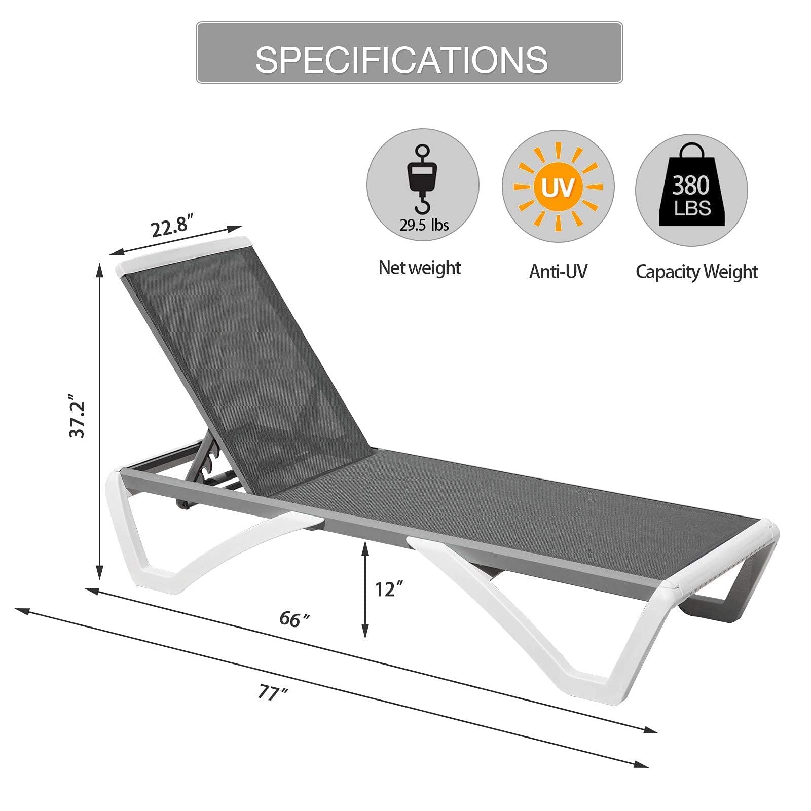 domi outdoor living Outdoor Chaise Lounge - Adjustable Aluminum Patio Lounge,Plastic Pool Lounge Chair (2 Grey Lounges W/Table)