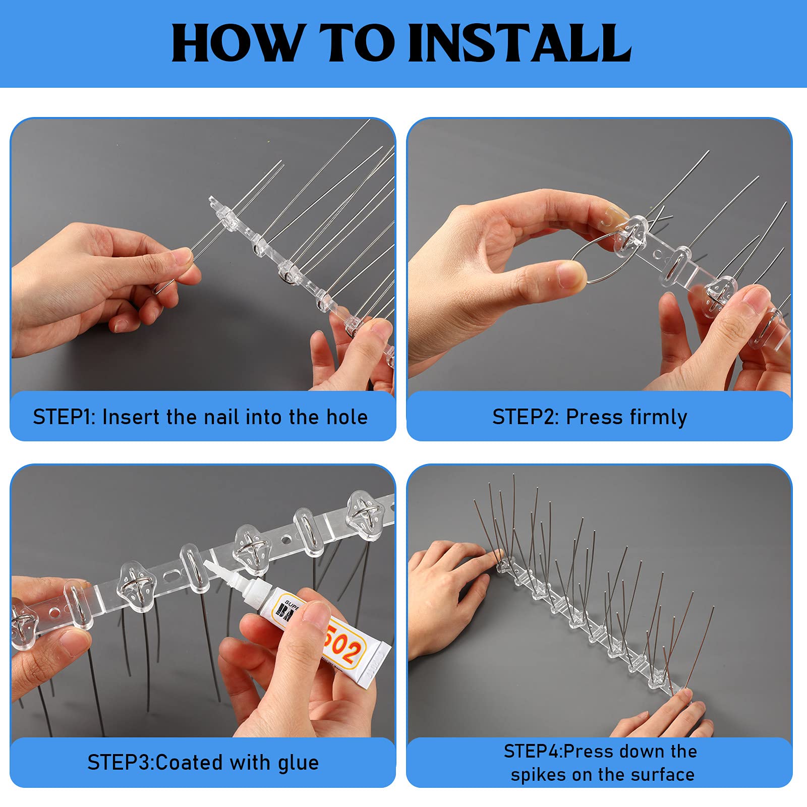 Stainless Steel Bird Spikes Anti Pigeons Deterrent Kit Bird Spikes Anti Climb Security Wall Fence Away from Roof Windowsill Deterrent for Birds Crows and Woodpeckers Easy Setup and Remove (2 Pieces)