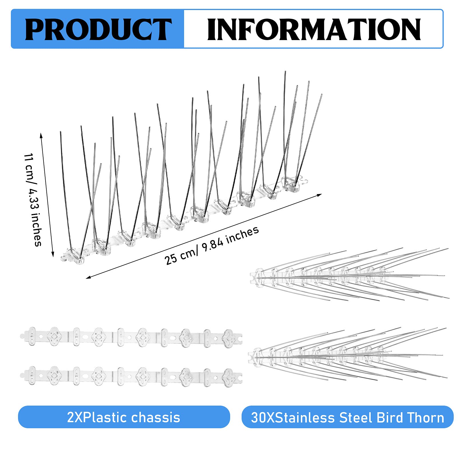 Stainless Steel Bird Spikes Anti Pigeons Deterrent Kit Bird Spikes Anti Climb Security Wall Fence Away from Roof Windowsill Deterrent for Birds Crows and Woodpeckers Easy Setup and Remove (2 Pieces)