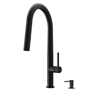 vigo greenwich matte black kitchen faucet with pull-down sprayer | solid brass faucet for kitchen sink with bolton soap dispenser | single-handle kitchen sink faucet with swivel sink sprayer