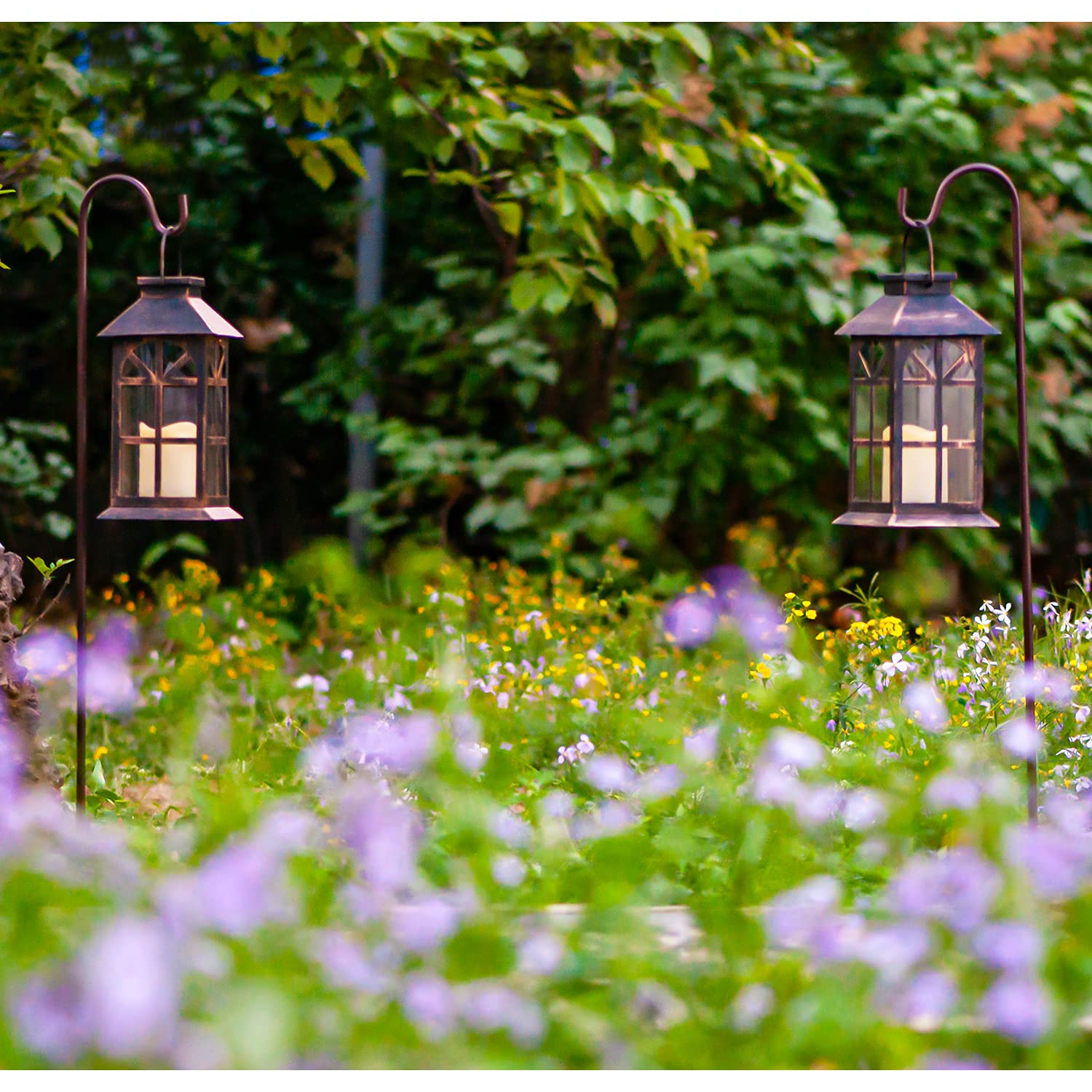 SteadyDoggie Solar Lantern Classic Bronze 2 Pack - Hanging Solar Lights with Flickering Candle LED - Retro Ornate Hanging Solar Lantern with Handle (Bronze, 2)