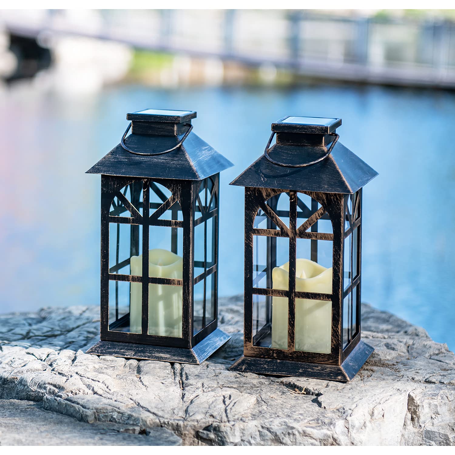 SteadyDoggie Solar Lantern Classic Bronze 2 Pack - Hanging Solar Lights with Flickering Candle LED - Retro Ornate Hanging Solar Lantern with Handle (Bronze, 2)