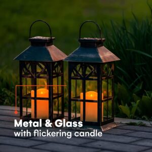 SteadyDoggie Solar Lantern Classic Bronze 2 Pack - Hanging Solar Lights with Flickering Candle LED - Retro Ornate Hanging Solar Lantern with Handle (Bronze, 2)