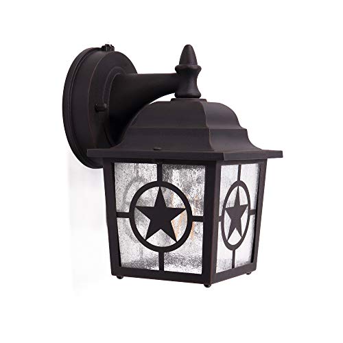 CORAMDEO Country Star Outdoor Dusk to Dawn Farmhouse Porch Light for Porch, Patio, and More, E26 Standard Socket, Suitable for Wet Location, Rust Finished Cast Aluminum with Seedy Glass