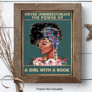 Never Underestimate a Girl With a Book - African American Wall Art - Black Woman Poster - African American Girl, African American Women, Black Women - Motivational Wall Decor - Positive Black Wall Art