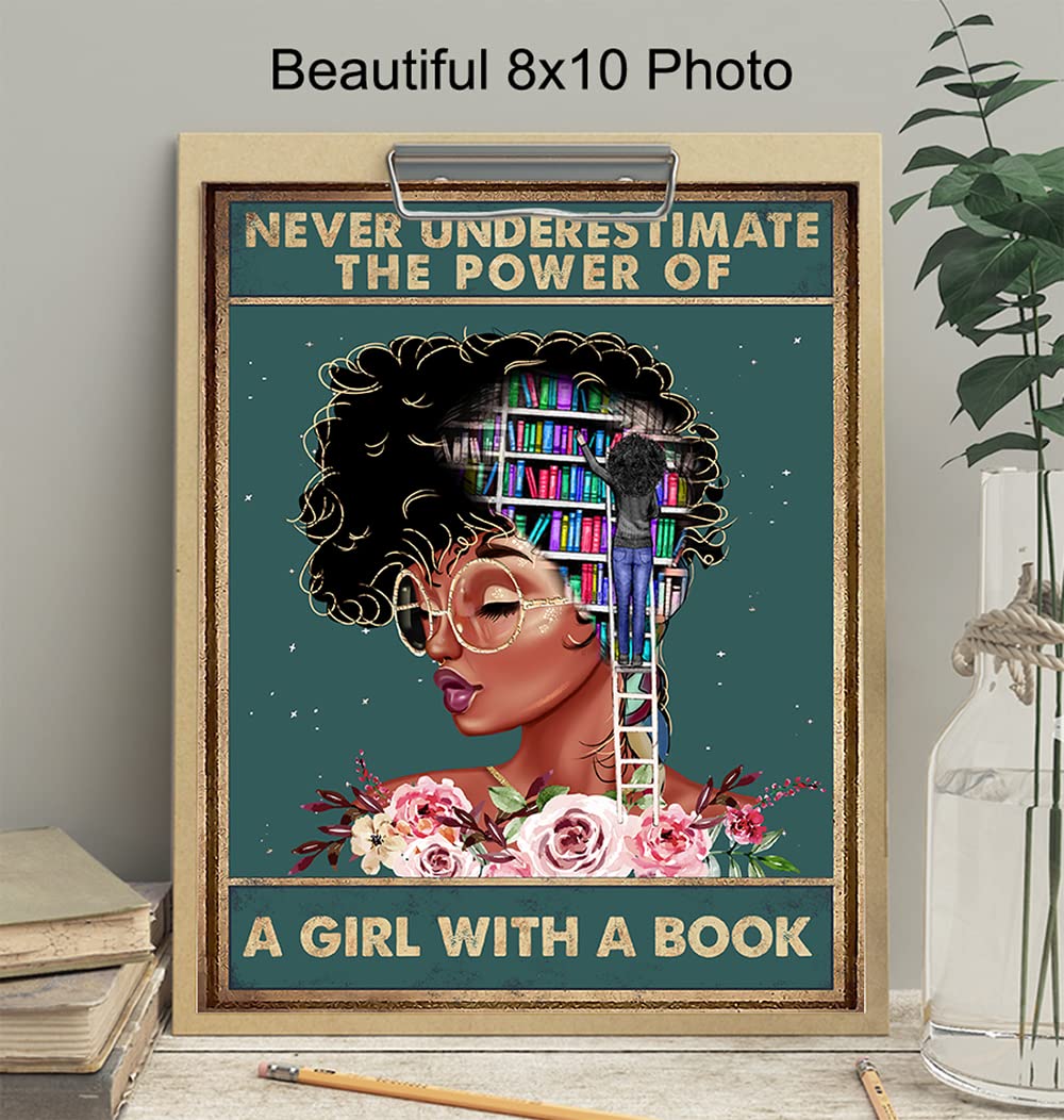 Never Underestimate a Girl With a Book - African American Wall Art - Black Woman Poster - African American Girl, African American Women, Black Women - Motivational Wall Decor - Positive Black Wall Art