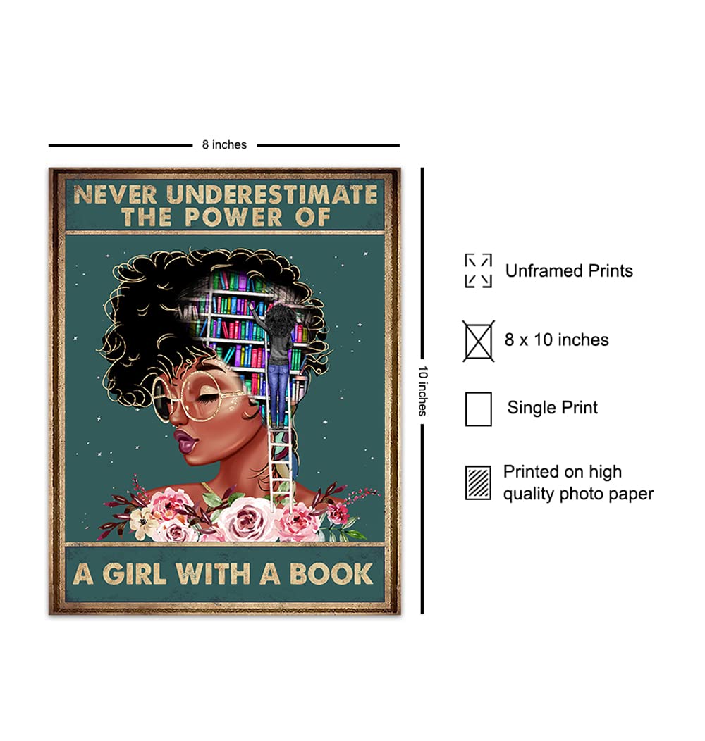 Never Underestimate a Girl With a Book - African American Wall Art - Black Woman Poster - African American Girl, African American Women, Black Women - Motivational Wall Decor - Positive Black Wall Art