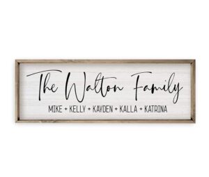 personalized framed wooden family name sign (6" x 18", weathered grey frame, white background)