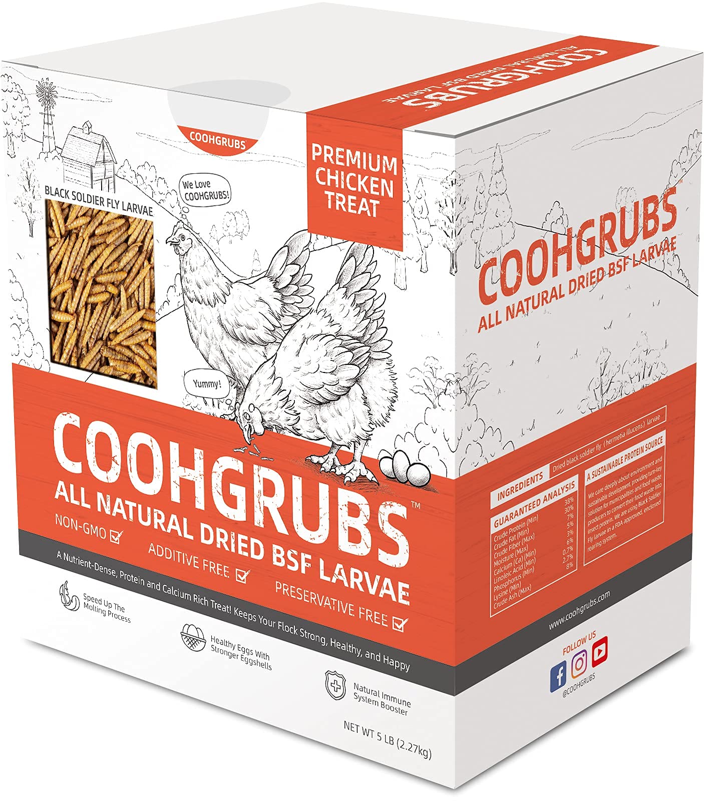 COOHGRUBS Premium Grade Dried Black Soldier Fly Larvae Chicken Treats, Tasty and Healthy Snacks for Hens Ducks, 5 lb. Box