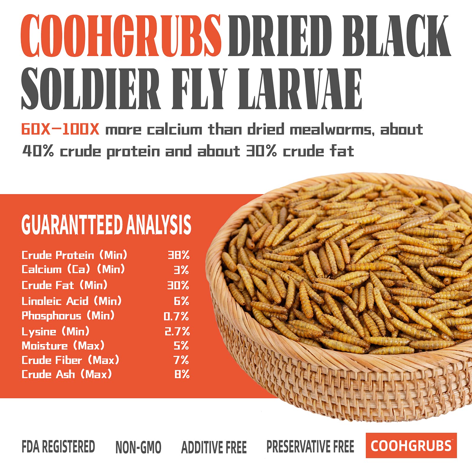 COOHGRUBS Premium Grade Dried Black Soldier Fly Larvae Chicken Treats, Tasty and Healthy Snacks for Hens Ducks, 5 lb. Box