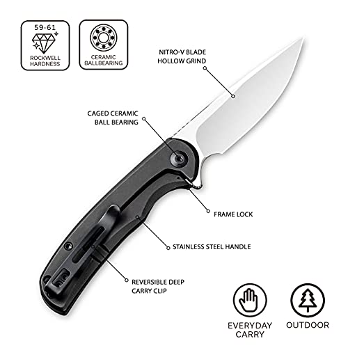CIVIVI NOx Frame Lock Pocket Knife, Flipper Folding Knife with 2.97" Nitro-V Blade Stainless Steel Handle, Reversible Pocket Clip C2110B (Black)
