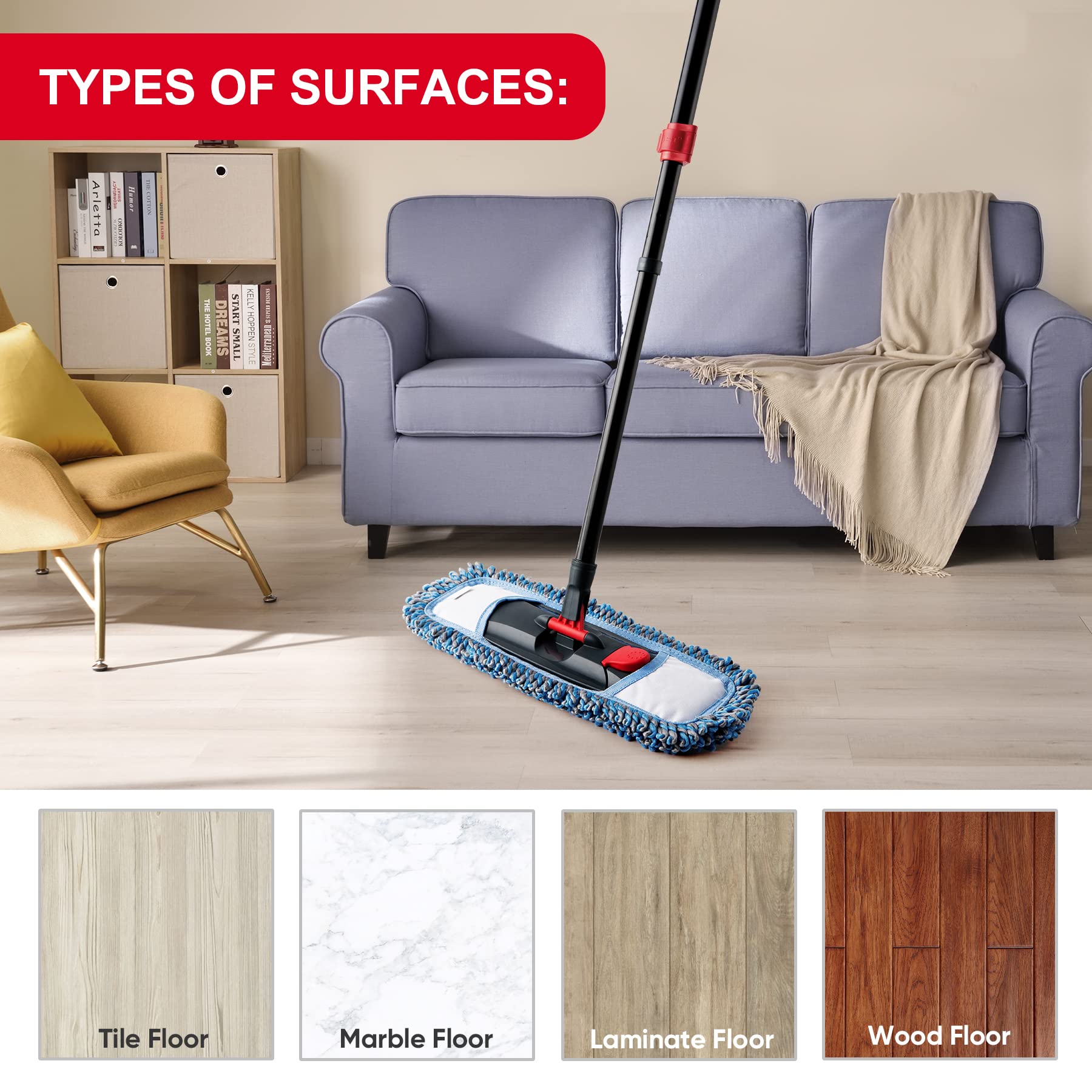 CLEANHOME Microfiber Floor Hardwood Mop with 4 Washable Pads,Professional Dust Wet Mop ,Flat Mop for Floor Cleaning Laminate Tile Marble Vinyl Kitchen Home