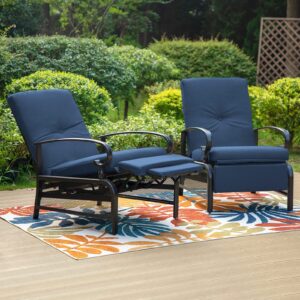 phi villa outdoor recliner chairs set of 2, oversized patio recliners metal chaise lounge outdoor chairs zero gravity with removable blue cushion for garden, poolside, deck