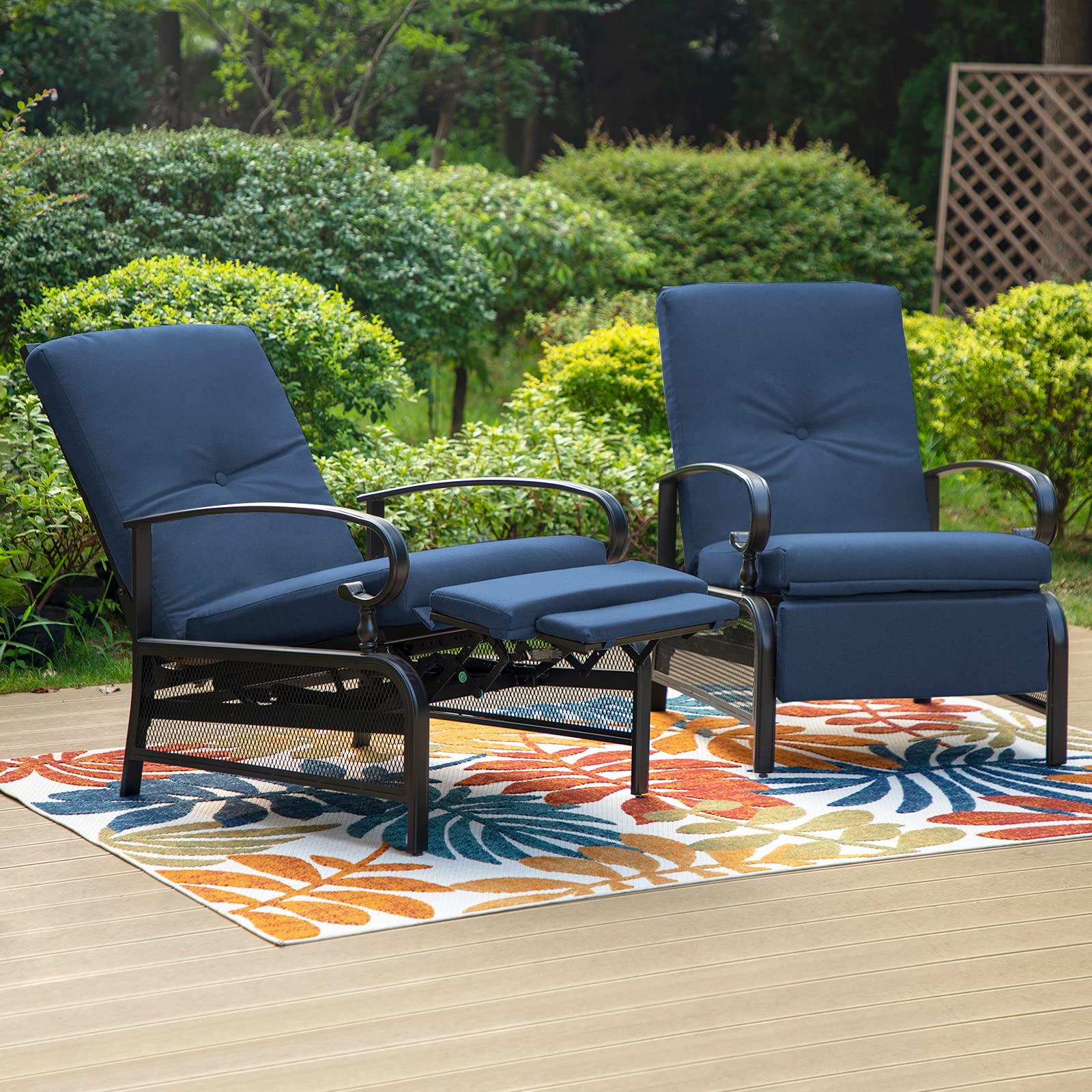 PHI VILLA Outdoor Recliner Chairs Set of 2, Oversized Patio Recliners Metal Chaise Lounge Outdoor Chairs Zero Gravity with Removable Blue Cushion for Garden, Poolside, Deck