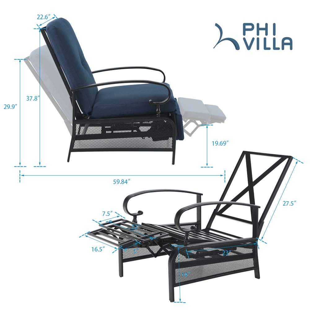 PHI VILLA Outdoor Recliner Chairs Set of 2, Oversized Patio Recliners Metal Chaise Lounge Outdoor Chairs Zero Gravity with Removable Blue Cushion for Garden, Poolside, Deck