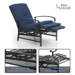 PHI VILLA Outdoor Recliner Chairs Set of 2, Oversized Patio Recliners Metal Chaise Lounge Outdoor Chairs Zero Gravity with Removable Blue Cushion for Garden, Poolside, Deck