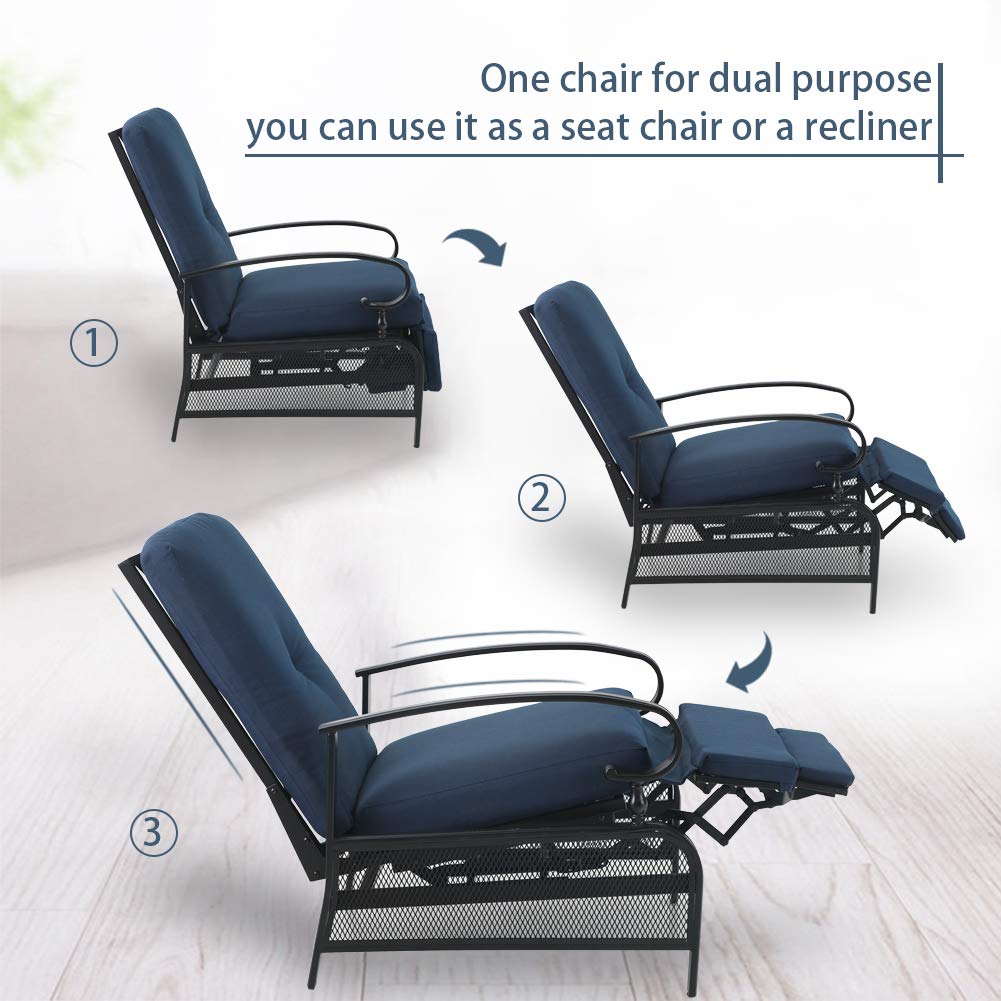 PHI VILLA Outdoor Recliner Chairs Set of 2, Oversized Patio Recliners Metal Chaise Lounge Outdoor Chairs Zero Gravity with Removable Blue Cushion for Garden, Poolside, Deck