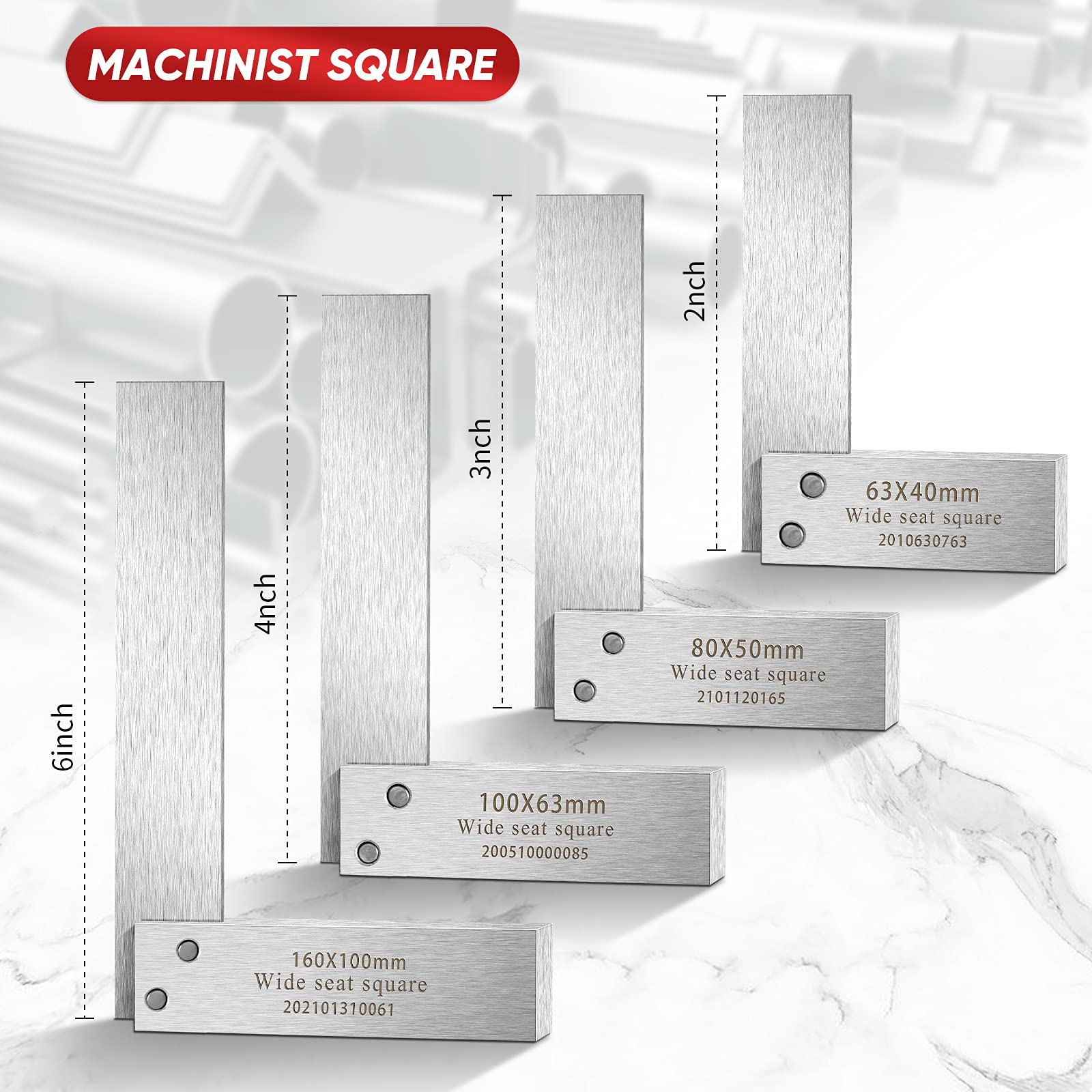 Machinist Square Set, 2, 3, 4 and 6 Squares Machinist Square Mechanical Engineer Steel Square High Precision 90 Degree Wide Base Square Tool L-type Testing Measuring Tool
