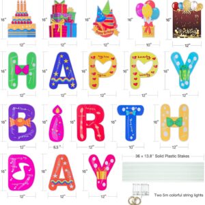 HOMENOTE 18Pcs Happy Birthday Yard Signs with Stakes, 2 x 5m LED Lights and Personalized Signs, 16” Large Size - Birthday Letters Signs for Yard Lawn Outdoor Birthday Decoration Party Supplies