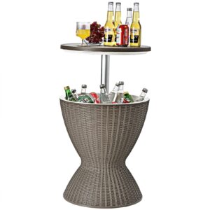 giantex cool bar table, 8 gallon beer and wine cooler, rattan style patio bar tables, height adjustable, 3-in-1 ice cooler with drainage plug, outdoor cocktail table for deck pool party (coffee)