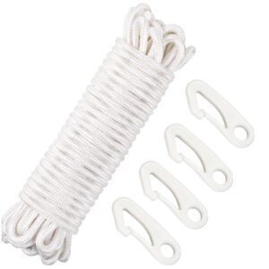flag rope 50 feet flag pole halyard rope and clips kit 4 pieces nylon flag pole hook clips snap hooks, flag pole halyard rope for flagpoles up to 25 feet, tie pull swing climb and knot (15m, white)