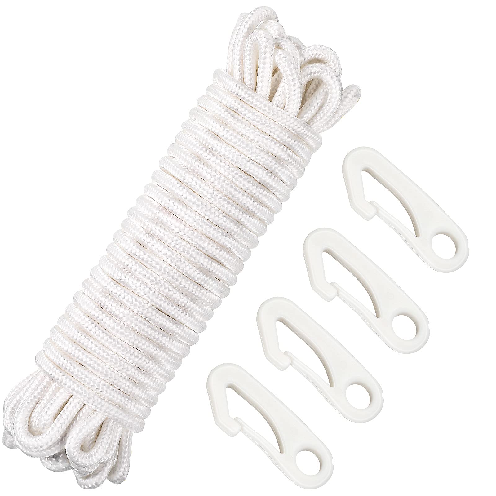 Flag Rope 50 Feet Flag Pole Halyard Rope and Clips Kit 4 Pieces Nylon Flag Pole Hook Clips Snap Hooks, Flag Pole Halyard Rope for Flagpoles up to 25 Feet, Tie Pull Swing Climb and Knot (15m, White)