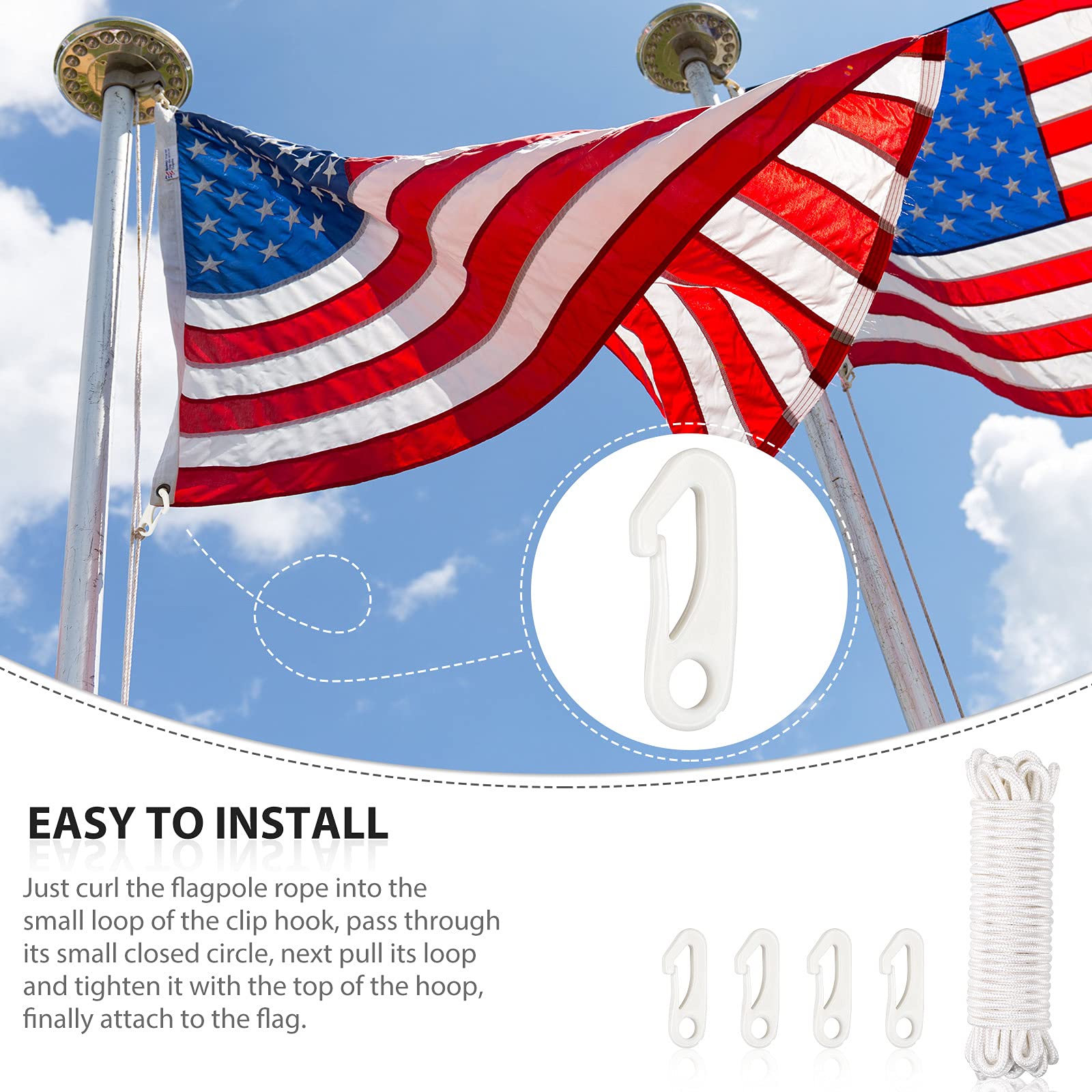 Flag Rope 50 Feet Flag Pole Halyard Rope and Clips Kit 4 Pieces Nylon Flag Pole Hook Clips Snap Hooks, Flag Pole Halyard Rope for Flagpoles up to 25 Feet, Tie Pull Swing Climb and Knot (15m, White)