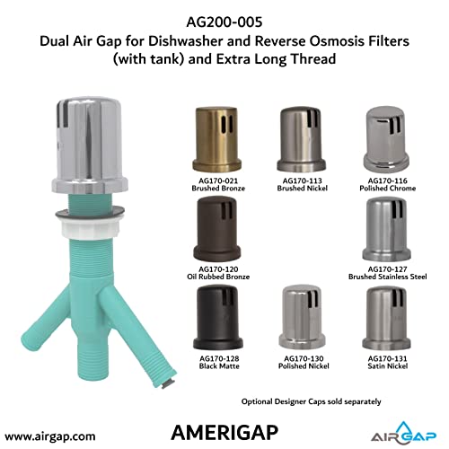 Dual Air Gap for Dishwasher and Reverse Osmosis Filters (with tank) and Extra Long Thread (AG200-005, AG200-002, T52 RO KIT, AMERIGAP)