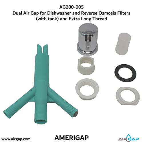 Dual Air Gap for Dishwasher and Reverse Osmosis Filters (with tank) and Extra Long Thread (AG200-005, AG200-002, T52 RO KIT, AMERIGAP)