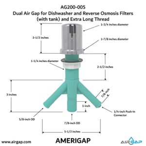 Dual Air Gap for Dishwasher and Reverse Osmosis Filters (with tank) and Extra Long Thread (AG200-005, AG200-002, T52 RO KIT, AMERIGAP)