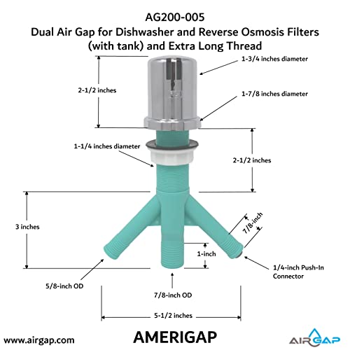 Dual Air Gap for Dishwasher and Reverse Osmosis Filters (with tank) and Extra Long Thread (AG200-005, AG200-002, T52 RO KIT, AMERIGAP)